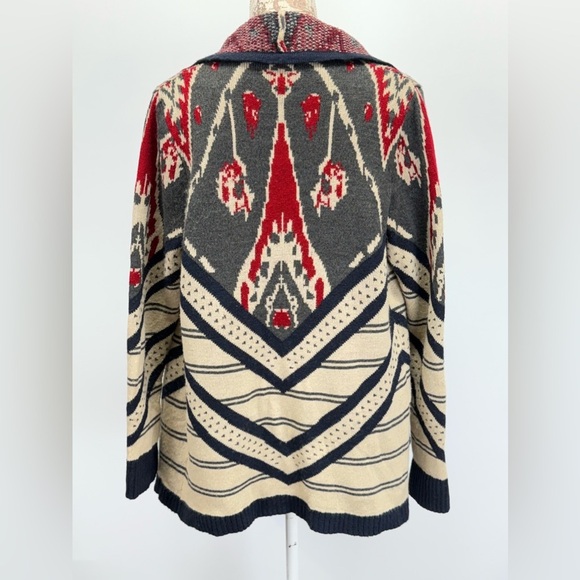 ST. JOHN’S BAY Beige gray red IKAT knit waterfall collar cardigan size L - Picture 4 of 13